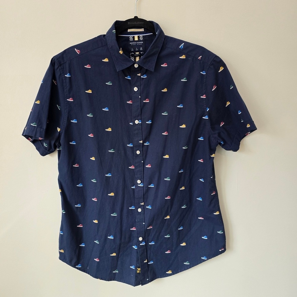 Denim & Flower Ricky Singh Mens L Sneaker Print Shirt Navy Streetwear Retro